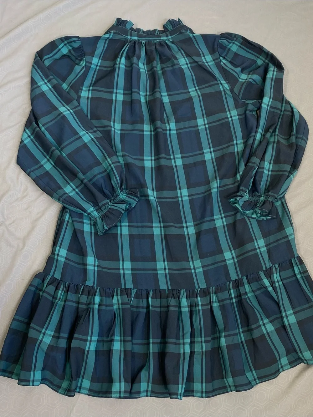 J. Crew Dark Green and Navy Plaid Long-Sleeve Ruffle-Hem Dress size Large
